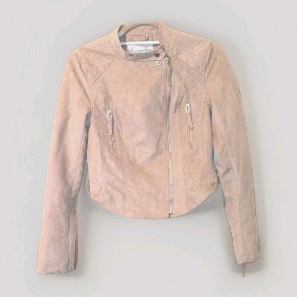 American Rag Moto Jacket Women S Tan Faux Suede Perforated Asymmetrical Zip
